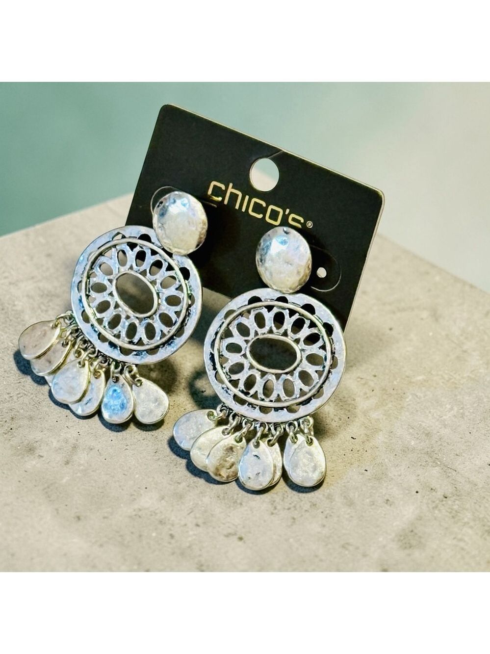 Chico's Silver Filigree Fringe Statement Earrings NWT - Picture 4 of 8